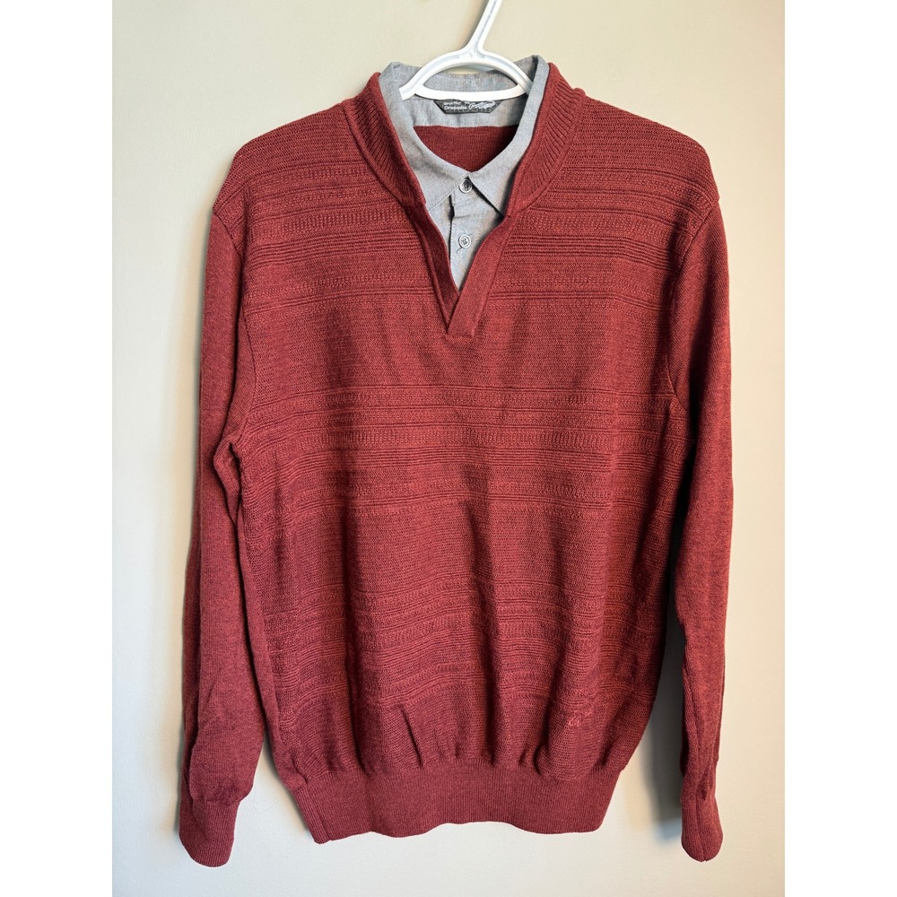 Crocodile Faux Layered Sweater Pullover Rusty Burgundy Mens V-Neck Preppy Smart